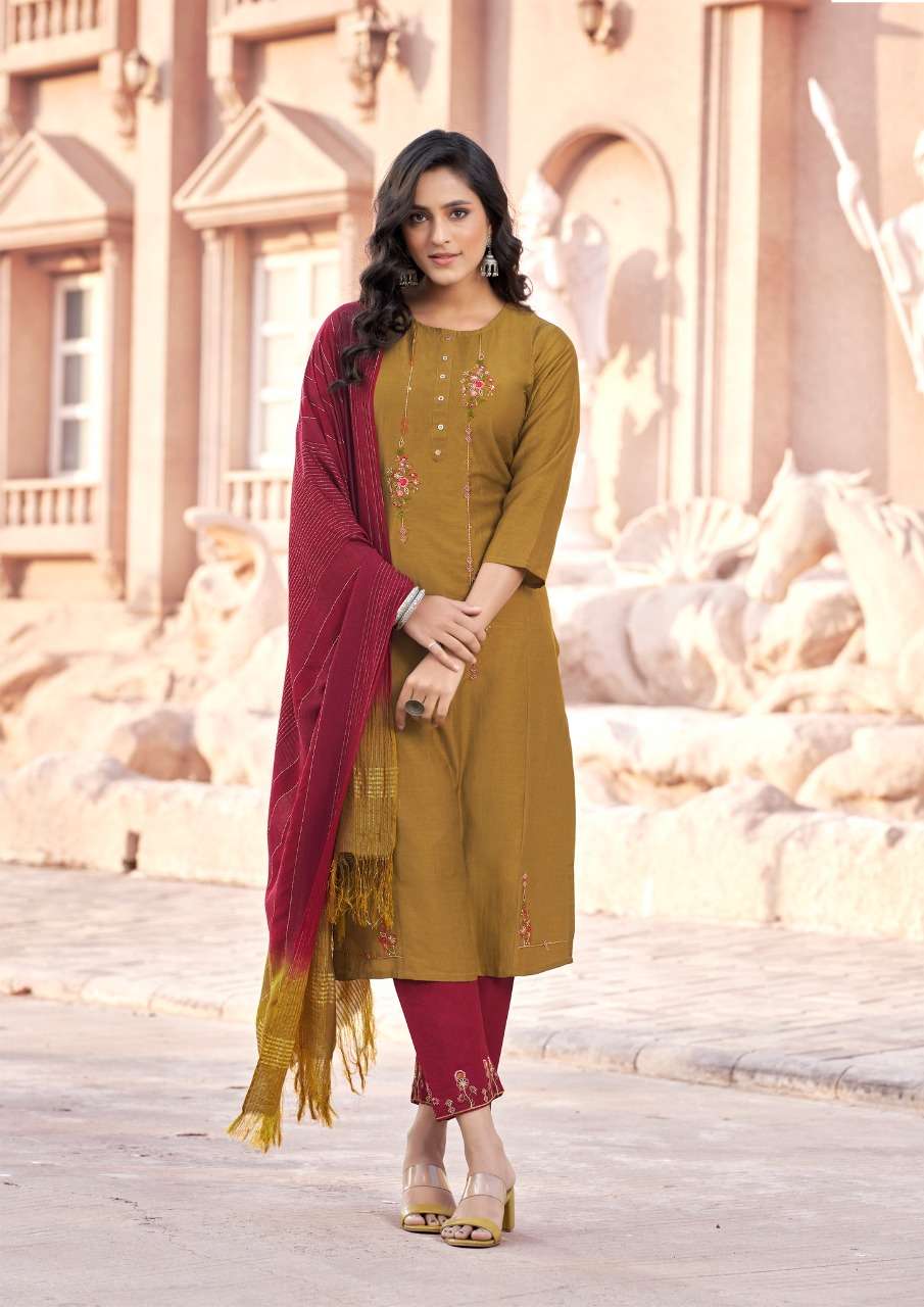 Parra Studio-Apsara Vol 1- Chinon Silk-With-Embroidery-Handwork-Kurti-with-Khatli-Work-Embroidery-Work-Pant-and -Fancy-Dupatta -1005